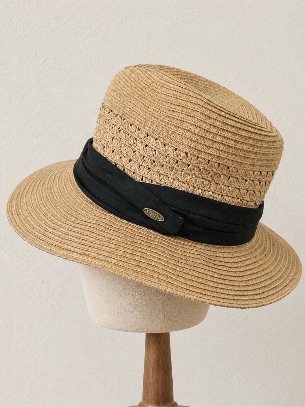 SCALA Faux Straw Sun Hat Size L/XL Black Band Beach Boho Cottagecore Resort